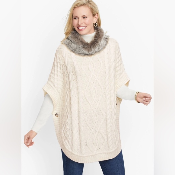 TALBOTS  Cream Cable Knit Sweater Poncho Cape w/ Faux Fur Collar NWT Small - Picture 2 of 11
